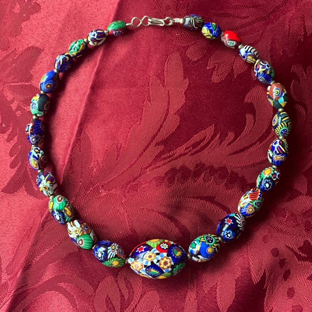 VTG Venetian millefiore glass beaded necklace 14 1-2”